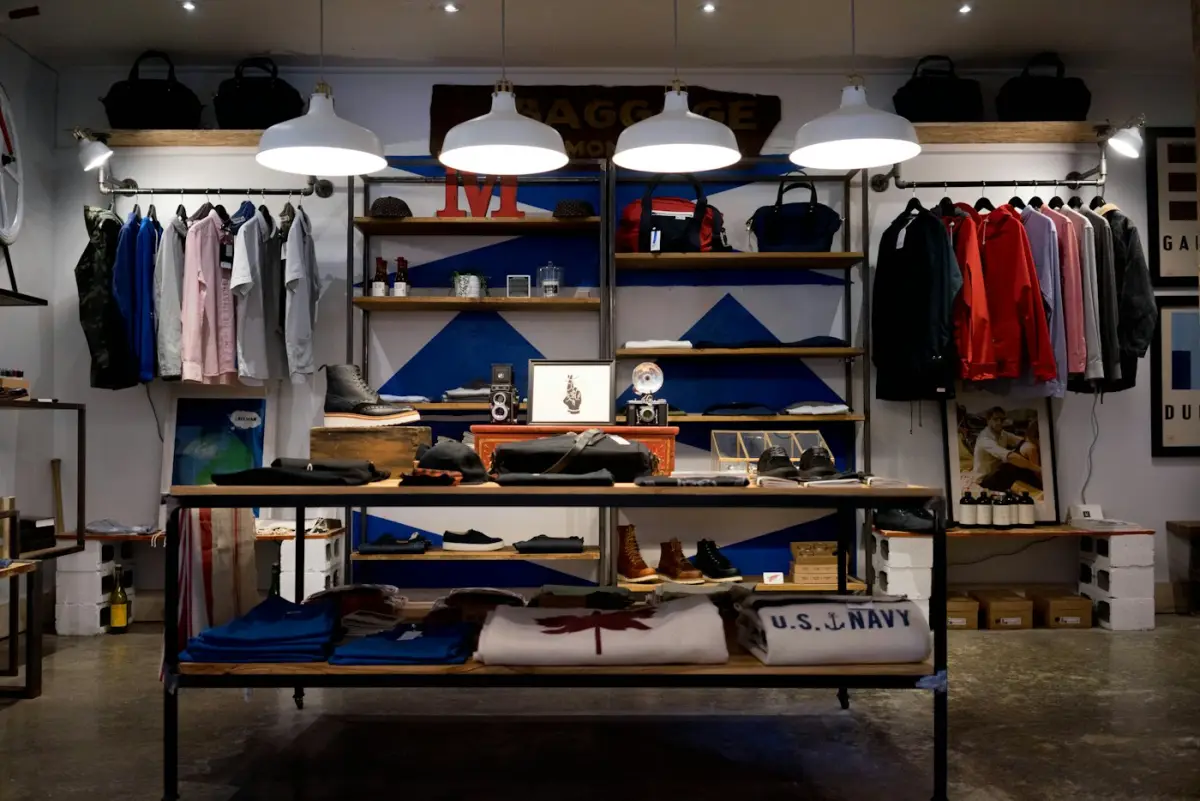 Clothing displayed on rails and tables in a retail space